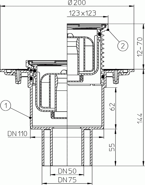 HL trapas DN100 vertikalus,PRIMUS, 123x123mm 40l/min - Voniosguru.lt